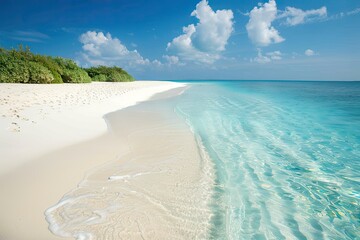 A pristine white sand beach with clear blue water gently lapping at the shore