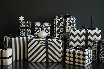A stylish set of gifts each wrapped in monochromatic paper with bold geometric patterns