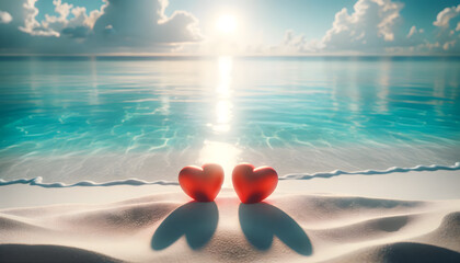 Two red hearts on a sandy beach with sparkling turquoise ocean water in the background. - obrazy, fototapety, plakaty