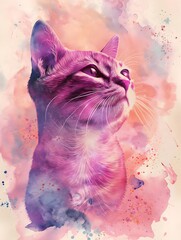A playful and fashionable cat in pink and purple, with a solid background and watercolor