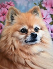 Close up on Cute Pomeranian Dog With Pink Petunias in the background, dog portrait