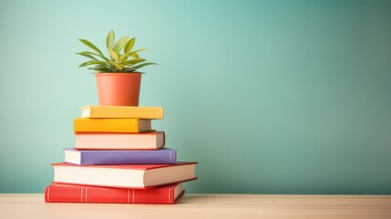 Stack of colorful school books on a wooden desk along with a potted plant, back to school  - obrazy, fototapety, plakaty