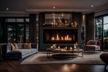 living room with fireplace - obrazy, fototapety, plakaty