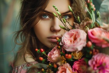 Naklejka premium Beautiful young girl with flowers, close-up