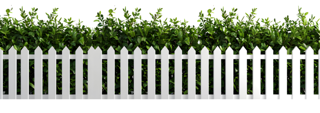 Lush green bushes over white picket fence, cut out on transparent PNG