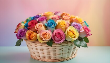 Fototapeta na wymiar Wicker basket filled with colorful roses.
