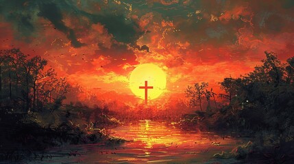 An Easter vigil candle wrapper featuring the cross against the sunrise - obrazy, fototapety, plakaty