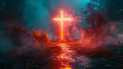 An invitation to an Easter Sunday service featuring the glowing cross - obrazy, fototapety, plakaty
