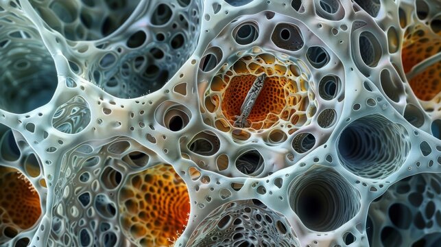 An electron microscopy image of a large pollen tube revealing the detailed structure of its cell wall and the presence of tiny pores