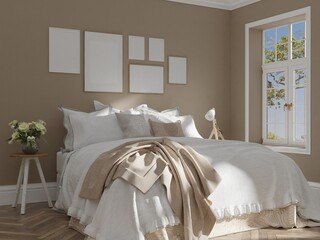 Mockup bedroom poster frame wood in empty picture interior Very comfortable in the morning in illustration 3d rendering.