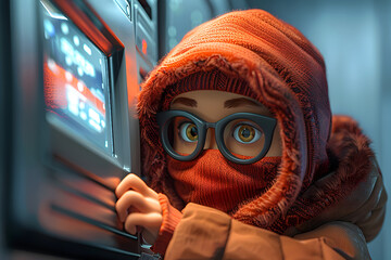 A 3D animated cartoon render of a hacker breaking into a digital lock. - obrazy, fototapety, plakaty