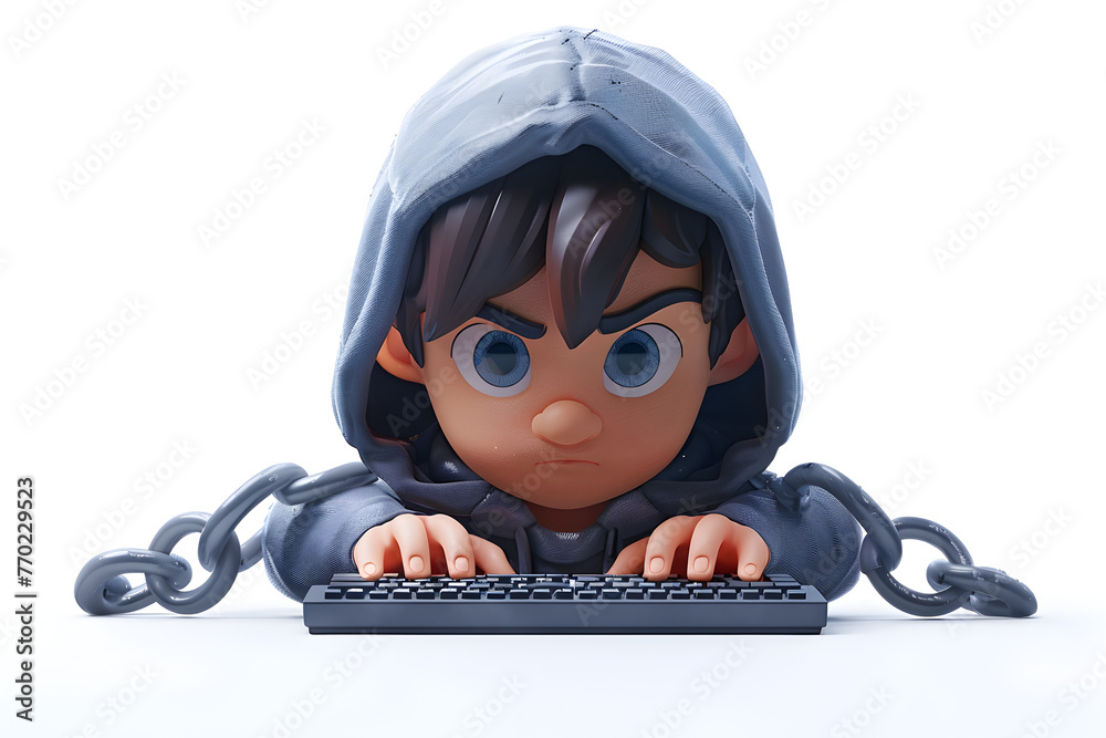 Wall mural a 3d animated cartoon render of a hacker in a hoodie typing on a keyboard.