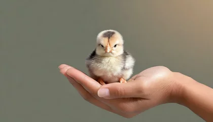 Fotobehang Baby yellow chicken sitting in a person's hand © Rex Wholster