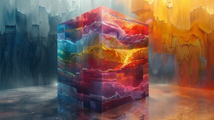 As the cube rotates colors and textures meld and blend creating a kaleidoscope of vibrant hues and patterns. Each new angle brings a fresh new perspective to the illusion.