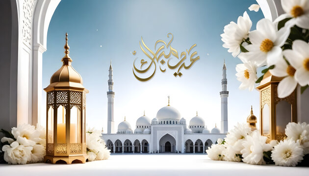 Eid Mubarak Greeting  with masjid arch and flowers Background Design 