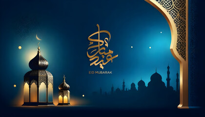eid mubarak royal elegant lamp with mosque blue background  - obrazy, fototapety, plakaty