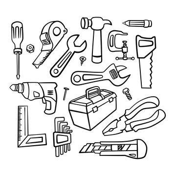 Home repair maintenance fix object detailed handdrawn doodle outline line set style