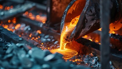 Interior View of Melting Metal in Metallurgical Heavy Industry, Depicts the melting process within the metallurgical sector, showcasing industrial interior settings - obrazy, fototapety, plakaty