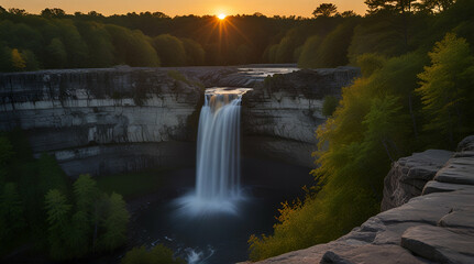 Overview of water falls at sunset in Taughannock Falls State Park. Falls State Park is a 750-acre state park .generative.ai - obrazy, fototapety, plakaty