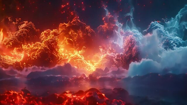 Fire and Ice with spark concept design on black background, Illustration, blue and red flames