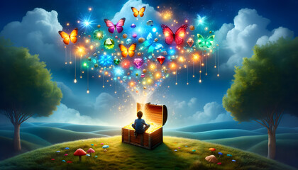 Child and a treasure chest with magical gems and butterflies in a dreamy landscape.