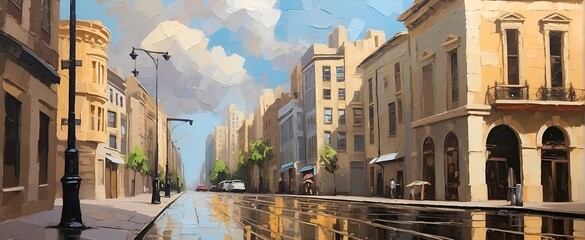 city ​​street scene painting. cityscape, impasto, palette knife