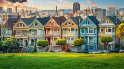 Late afternoon sun light up a row of colorful Victorian houses known as Painted Ladies across , olden Gate Bright Building, Colorful victorian houses in a row. - obrazy, fototapety, plakaty