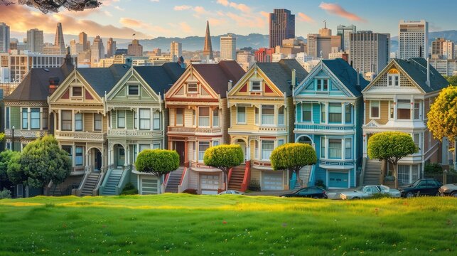 Late afternoon sun light up a row of colorful Victorian houses known as Painted Ladies across , olden Gate Bright Building, Colorful victorian houses in a row.