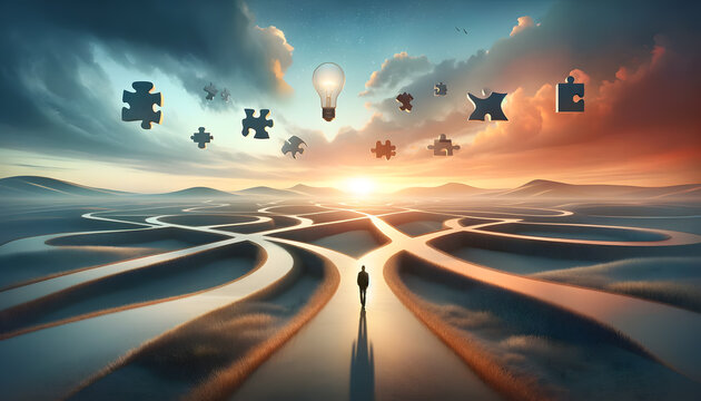 Figure at a crossroads in a maze with puzzle pieces and a lightbulb in the sky.