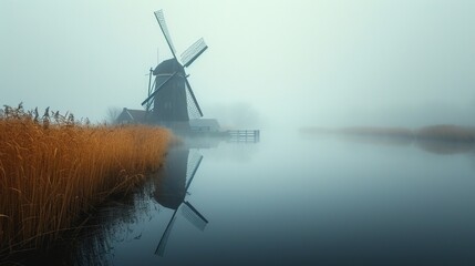 A photo of a lonely windmill in the fog. A calm and mysterious landscape. Grain processing technologies. Generative AI - obrazy, fototapety, plakaty