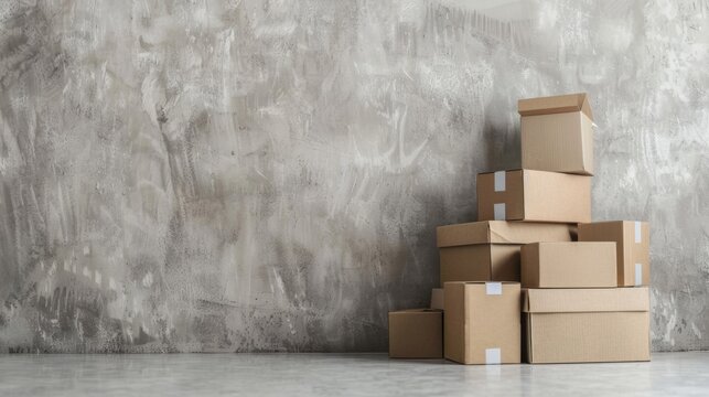 A bundle of kraft paper shipping boxes in different sizes stacked on top of each other against a plain gray wall.