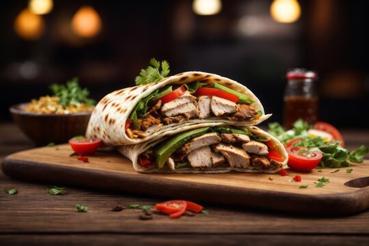 Delicious chicken shawarma on wooden board in restaurant, delicious restaurant food menu