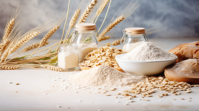 White bowl filled with oat flour and grains next to a wooden spoon a glass jar with oats wheat ears and a bar of soap on a whitewashed wooden background