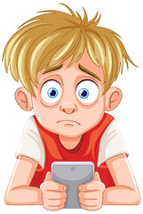 Cartoon of a concerned boy with a mobile device - 770232519