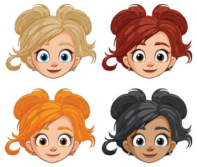 Four cartoon female faces with different hairstyles.
