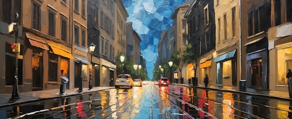 city ​​street scene painting. cityscape, impasto, palette knife - Powered by Adobe