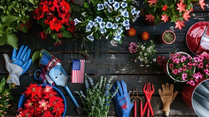 A vibrant display of gardening tools, flowers, and an American flag, showcasing a patriotic theme for the Fourth of July.