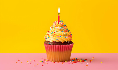 A colorful birthday cupcake with one candle