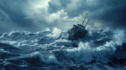 A shipwreck on a stormy sea, waves overwhelming the vessel, a metaphor for overwhelming challenges leading to disaster , 3D illustration
