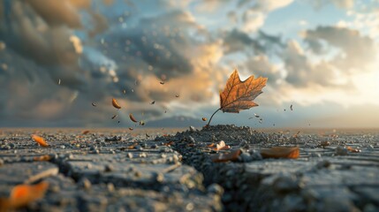 A single leaf falling from a dying tree in a barren landscape, symbolizing environmental decay presaging societal downfall , 3D illustration - obrazy, fototapety, plakaty