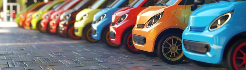 Compact city cars parked in a tight row outside a bustling urban car rental office, ready for the next traveler , 3D illustration - obrazy, fototapety, plakaty