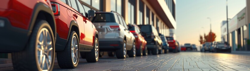 Familysized SUVs lined up outside a car rental office, hinting at adventures and road trips , 3D illustration - obrazy, fototapety, plakaty