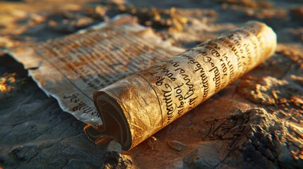 An ancient scroll unrolling to reveal prophecies of doom, the written word predicting the end of an age , 3D illustration - obrazy, fototapety, plakaty