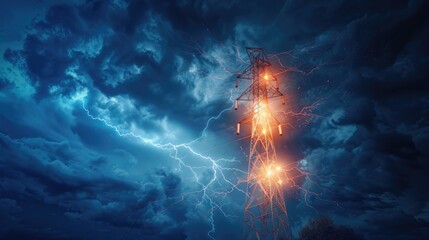 Lightning striking a tower, an ominous sign of sudden change and the vulnerability of manmade structures , 3D illustration - obrazy, fototapety, plakaty