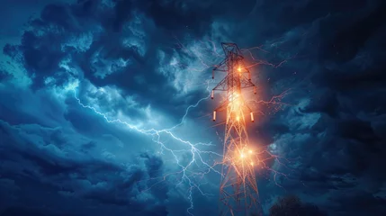 Foto op Canvas Lightning striking a tower, an ominous sign of sudden change and the vulnerability of manmade structures , 3D illustration © Pungu x