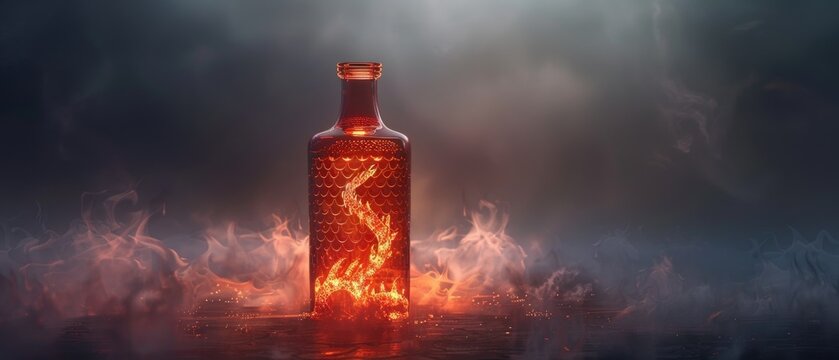 A sleek bottle with dragon scale texture, filled with liquid fire that flickers and dances , 3D illustration