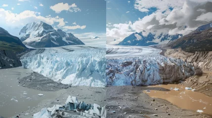 Fotobehang Two photographs of glaciers in the same location one taken in 1990 and the other in 2020. The contrast is striking with the 1990 glacier towering over the landscape while © Justlight