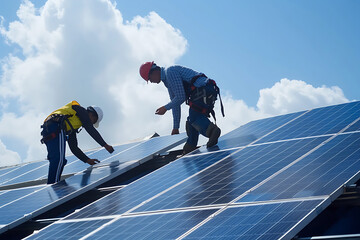 Builders installing solar panel system on the roof