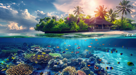 Beautiful tropical island with clear blue water and fish swimming underwater.