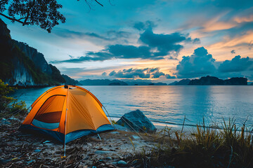 camping tent with beautiful scenery landscape in the background, healthy active summer outdoor lifestyle no people